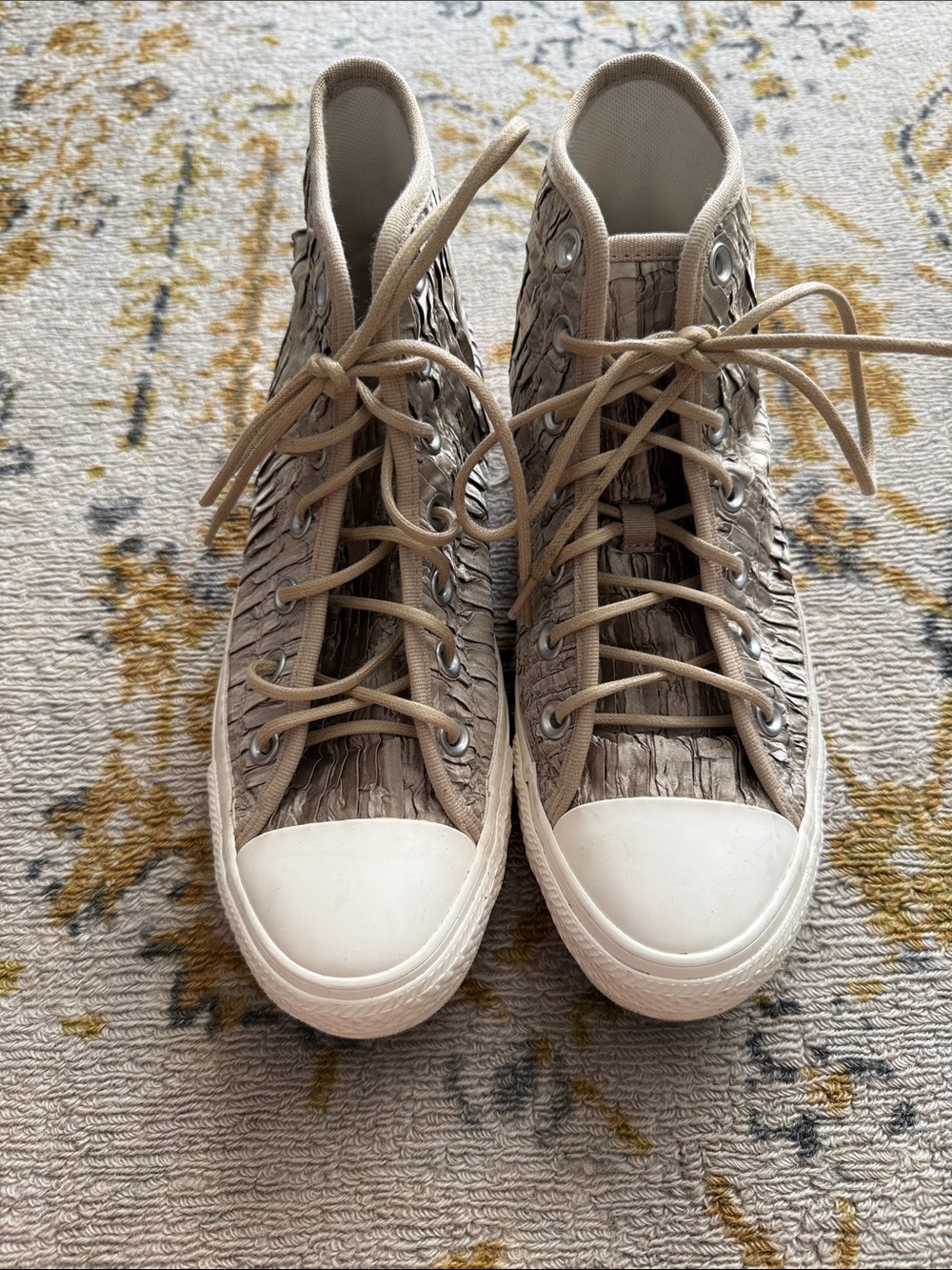 Textured High-Top Sneakers in Beige with White Toe